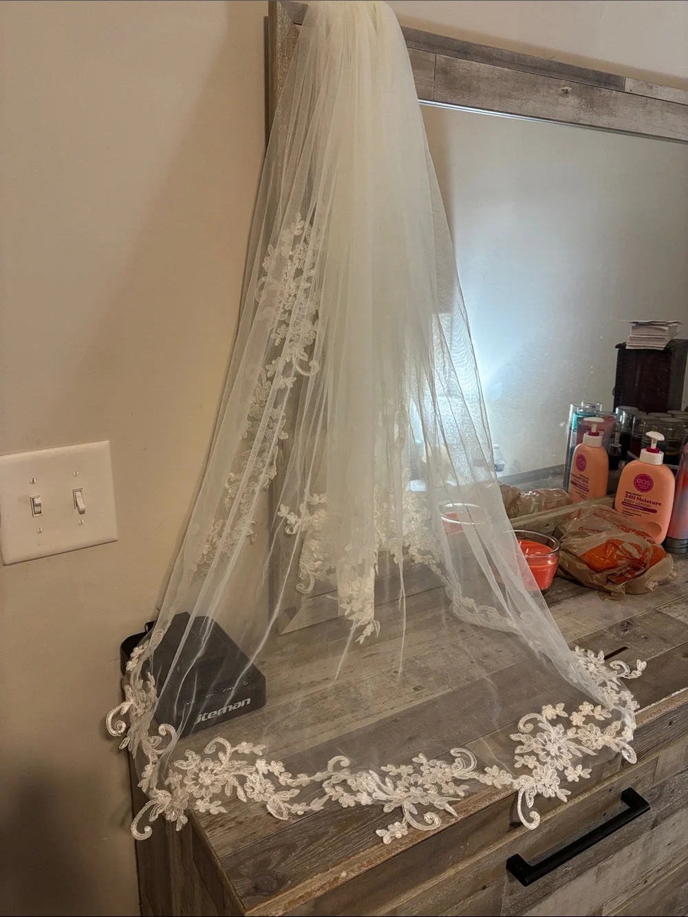 Ivory Embroidered Edge Bridal Veil with Floral Appliqué